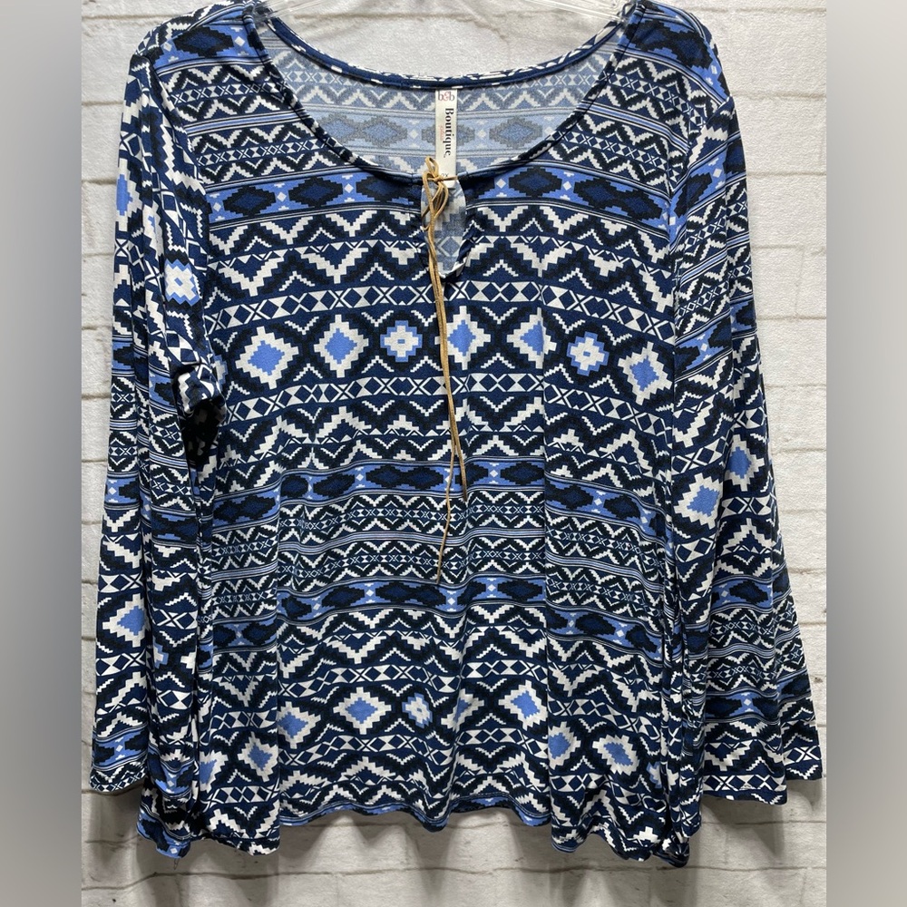 B&B Boutique Women’s 2X Blue‎ Print Long Sleeve Tunic Top Boho